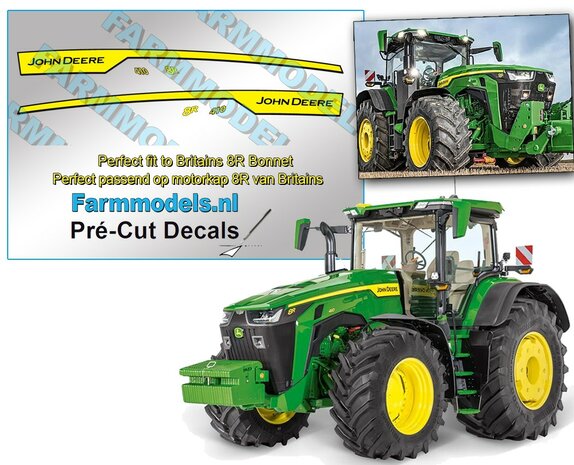 John Deere 8R 410 type stickers suitable for the Britains JD 8R(X) Pre-Cut Decals 1:32 Farmmodels.nl 084111