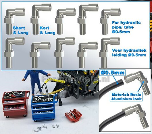 10x elbow couplings (5x short + 5x long) suitable for Ø 0.5 mm hydraulic piping, 3D printed plastic, aluminum, molded, supplied at 1:32 scale. 210569