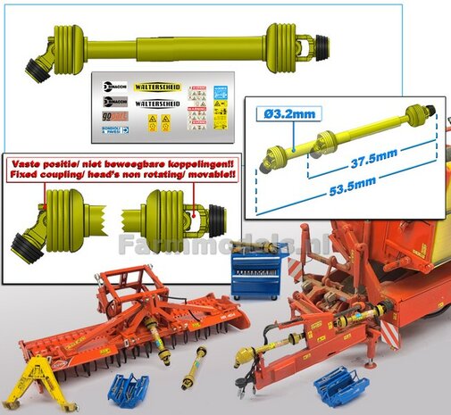 EXTENDABLE PTO 1x HEAD HANGING L in: 37.5mm L. out: 53.5mm Tube Ø3.2mm (WALTERSCHEID) YELLOW with 2x BLACK/YELLOW connecting forks incl. Pre-Cut Sticker Set 1:32 233716