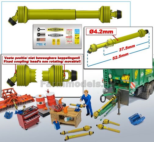 THICK: EXTENDABLE PTO 1x HEAD HANGING L. in: 37.5mm L. out: 52.5mm Tube Ø4.2mm (WALTERSCHEID) YELLOW with 2x BLACK/YELLOW connecting forks incl. Pre-Cut Sticker Set 1:32 233766