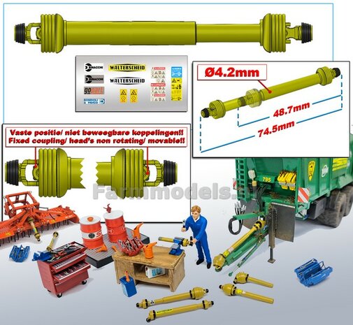 THICK: EXTENDABLE PTO HEADS STRAIGHT L. in: 48.7mm L. out: 74.5mm Tube Ø4.2mm (WALTERSCHEID) YELLOW with 2x BLACK/YELLOW connecting forks incl. Pre-Cut Sticker Set 1:32 234861