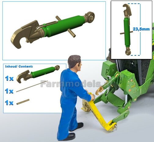 Top rod DELUXE length 23.5mm 1x CATCH HOOK and 1x BALL HEAD connection. Resin, supplied in colours JD 7R 310 GREEN + BRASS + 2x brass axle for details 1:32 242368