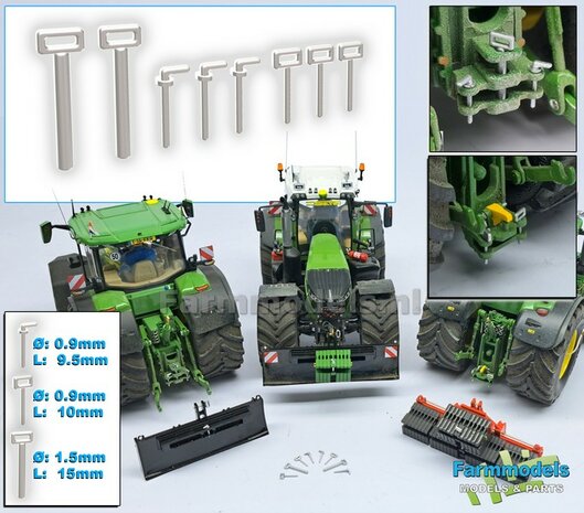 8x Tow bar pins, assortment of 2 x thick Ø 1.5mm pins + Ø 0.9mm pins of which 3x with handle & 3x with rod, sprayed in Aluminum gloss 1:32 270027