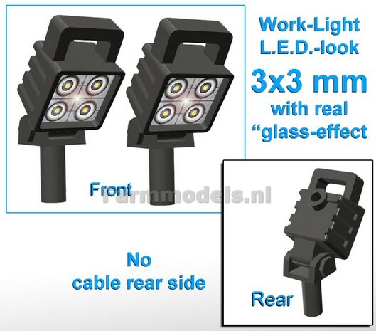 2x Work lights SQUARE 3x3 mm ANGLED 3D LED-Look Glass effect WITHOUT Cable, mounting pin BOTTOM, WITH handle 1:32 462114