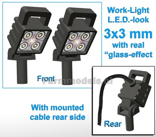 2x Work lights SQUARE 3x3 mm ANGLED, 3D LED-Look Glass effect WITH Cable, mounting pin BOTTOM, WITH handle 1:32 462116