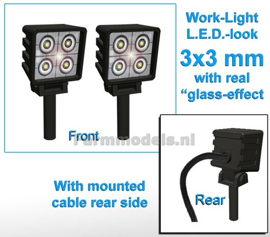 2x Work lights SQUARE 3x3 mm, 3D LED-Look Glass effect WITH Cable, mounting pin BOTTOM (Without handle) 1:32 462122