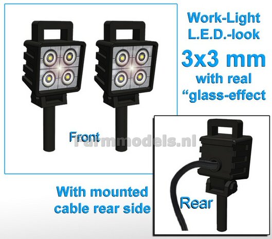 2x Work lights SQUARE 3x3 mm, 3D LED look Glass effect WITH Cable, mounting pin BOTTOM, WITH handle 1:32 462126