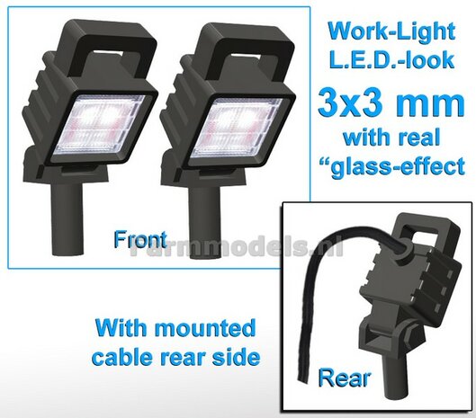 2x Work lights SQUARE 3x3 mm ANGLED, OLD SCHOOL Glass effect WITH Cable, mounting pin BOTTOM, WITH handle 1:32 462136