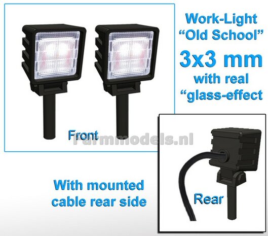 2x Work lights SQUARE 3x3 mm, Old School Glass effect WITH Cable, mounting pin BOTTOM (Without handle) 1:32 462142
