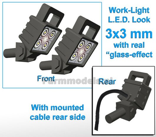 2x Work lights SQUARE 3x3 mm, ANGLED 3D LED-Look Glass effect WITH Cable, mounting pin BACK, WITH handle 1:32 462156