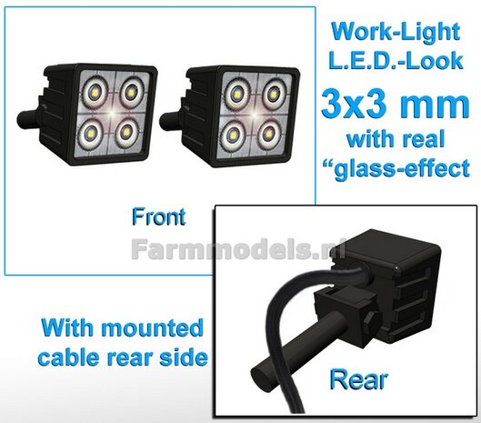 2x Work lights SQUARE 3x3 mm, 3D LED look Glass effect WITH Cable, mounting pin BACK (Without handle) 1:32 462162