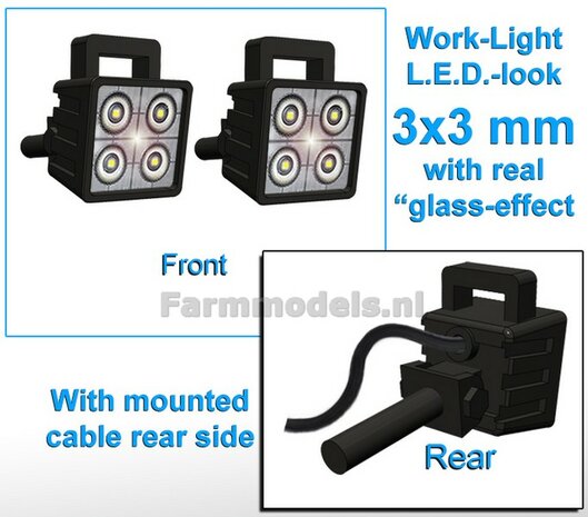 2x Work lights SQUARE 3x3 mm, 3D LED-Look Glass effect WITH Cable, mounting pin BACK, WITH handle 1:32 462166