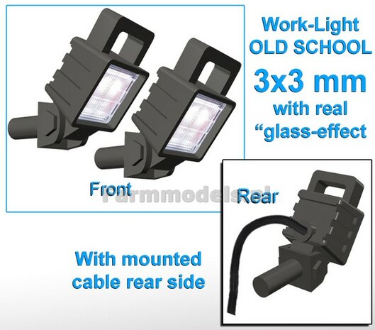 2x Work lights SQUARE 3x3 mm, ANGLED OLD SCHOOL Glass effect WITH Cable, mounting pin BACK, WITH handle 1:32 462176