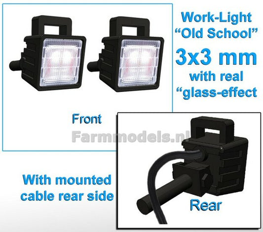 2x Work lights SQUARE 3x3 mm, 3D OLD School Glass effect WITH Cable, mounting pin BACK, WITH handle 1:32 462186