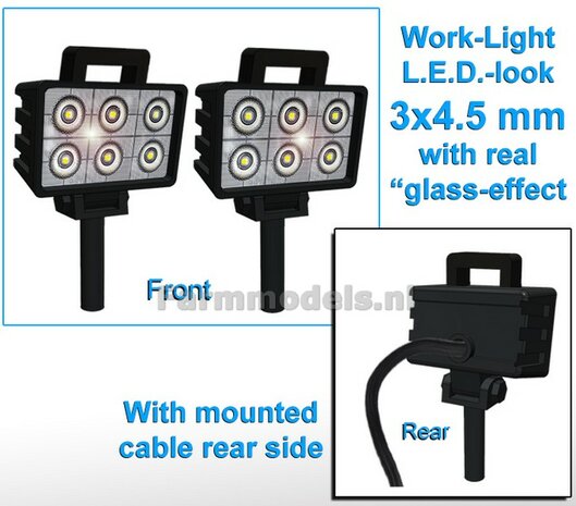 2x Work lights RECTANGLE 3x4.5 mm, 3D LED look Glass effect WITH Cable, mounting pin BOTTOM, WITH handle 1:32 462226