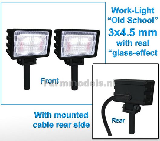 2x Work lights RECTANGLE 3x4.5 mm, Old School Glass effect WITH Cable, mounting pin BOTTOM (Without handle) 1:32 462242