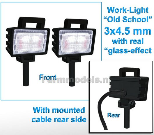 2x Work lights RECTANGLE 3x4.5 mm, 3D OLD School Glass effect WITH Cable, mounting pin BOTTOM, WITH handle 1:32 462246