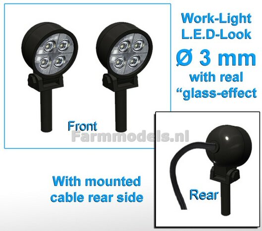2x Work lights ROUND Ø3 mm, 3D LED look Glass effect WITH Cable, mounting pin BOTTOM (Without handle) 1:32 462322