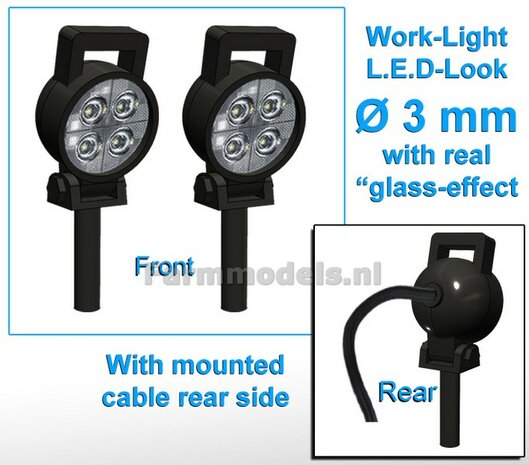 2x Work lights ROUND Ø3 mm, 3D LED look Glass effect WITH Cable, mounting pin BOTTOM, WITH handle 1:32 462326