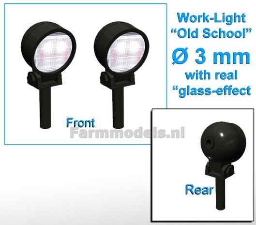 2x Work lights ROUND Ø3 mm, Old School Glass effect WITHOUT Cable, mounting pin BOTTOM (Without handle) 1:32 462340