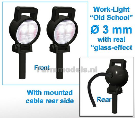 2x Work lights ROUND Ø3 mm, 3D OLD School Glass effect WITH Cable, mounting pin BOTTOM, WITH handle 1:32 462346