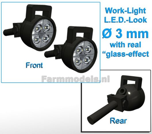 2x Work lights ROUND Ø 3 mm, 3D LED look Glass effect WITHOUT Cable, mounting pin BACK, WITH handle 1:32 462364