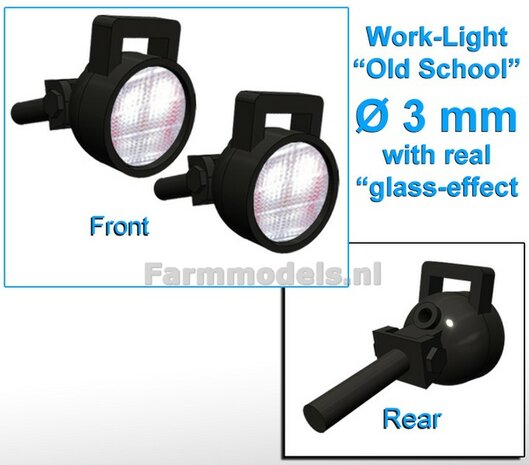 2x Work lights ROUND Ø3 mm, 3D Old School Glass effect WITHOUT Cable, mounting pin BACK, WITH handle 1:32