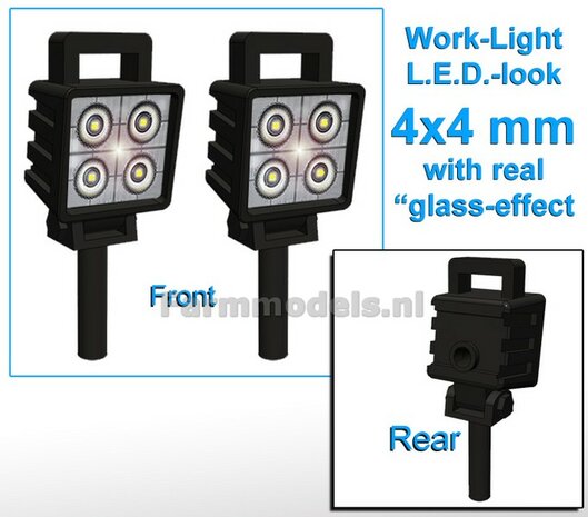 2x Work lights SQUARE 4x4 mm, 3D LED look Glass effect WITHOUT Cable, mounting pin BOTTOM, WITH handle 1:32 462624