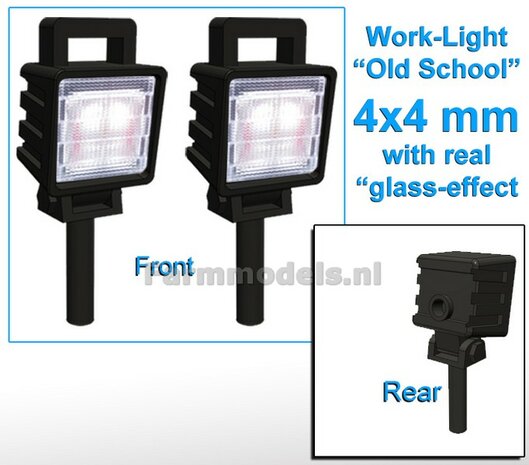 2x Work lights SQUARE 4x4 mm, 3D Old School Glass effect WITHOUT Cable, mounting pin BOTTOM, WITH handle 1:32 462644