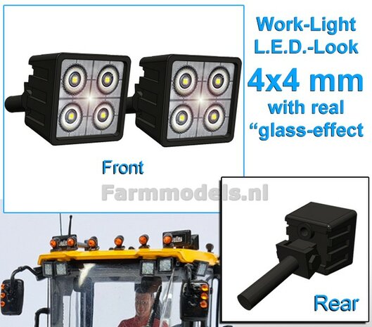 2x Work lights SQUARE 4x4 mm, 3D LED look Glass effect WITHOUT Cable, mounting pin BACK, WITHOUT handle 1:32 462260