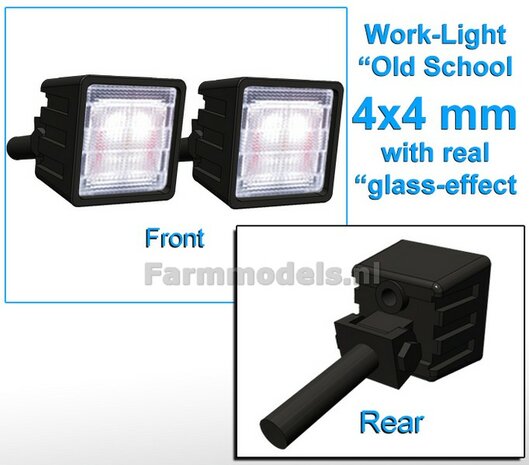 2x Work lights SQUARE 4x4 mm, 3D Old School Glass effect WITHOUT Cable, mounting pin BACK, WITHOUT handle 1:32 462680