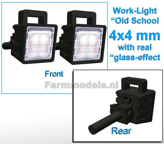 2x Work lights SQUARE 4x4 mm, 3D Old School Glass effect WITHOUT Cable, mounting pin BACK, WITH handle 1:32 462684