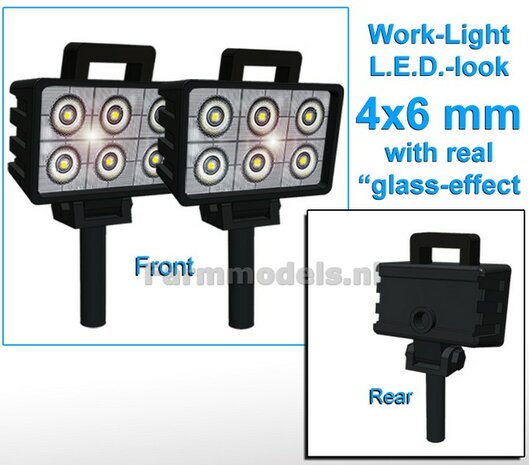 2x Work lights RECTANGLE 4x6 mm, 3D LED look Glass effect WITHOUT Cable, mounting pin BOTTOM, WITH handle 1:32 462724