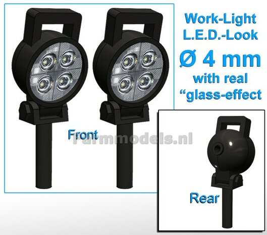 2x Work lights ROUND Ø 4 mm, 3D LED look Glass effect WITHOUT Cable, mounting pin BOTTOM, WITH handle 1:32 462824