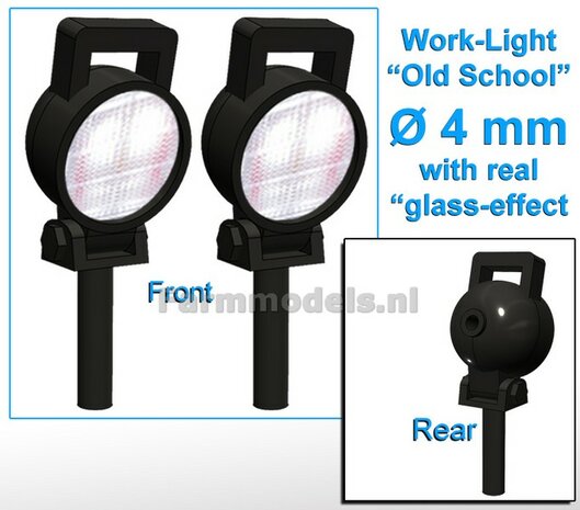 2x Work lights ROUND Ø4 mm, 3D Old School Glass effect WITHOUT Cable, mounting pin BOTTOM, WITH handle 1:32 462844