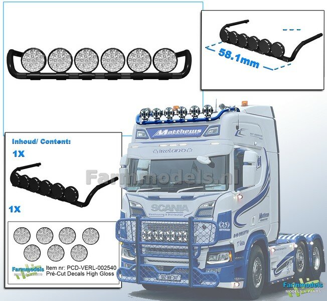 Lamp bracket Scania with 6 lamps Resin BLACK GLOSS Sprayed supplied incl. 7x Spotlight Pré-Cut Decals with HIGH GLOSS effect 1:32 468661