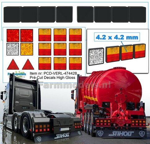 8x TAIL LIGHTS with BLACK HOUSING 4.2 x 4.2mm + 9x ORANGE-RED + 4x Other Tail Lights + 2x Triangular Reflectors, all with HIGH GLOSS 1:32 474428