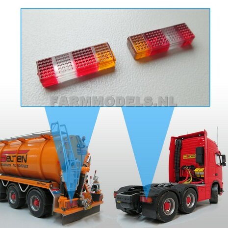 2x RECTANGLE Truck / Trailer Rear Light Red / Orange / White approx. 16 x 5 mm, Transparent colored Lighting, just like real!!! 1:32 475240