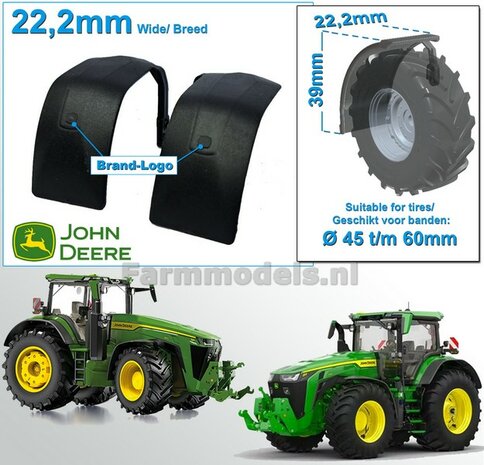 2x JOHN DEERE 8r WIKING ORIGINAL FRONT AXLE MUDGUARDS 22.2 mm wide "BIG Ø" Version WITH SUPPORTS PLASTIC BLACK supplied, USED ITEM 1:32 793450
