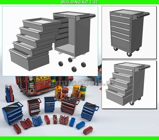 CONSTRUCTION KIT Tool Trolley with loose drawers GREY RESIN NARROW VERSION 1:32 820132