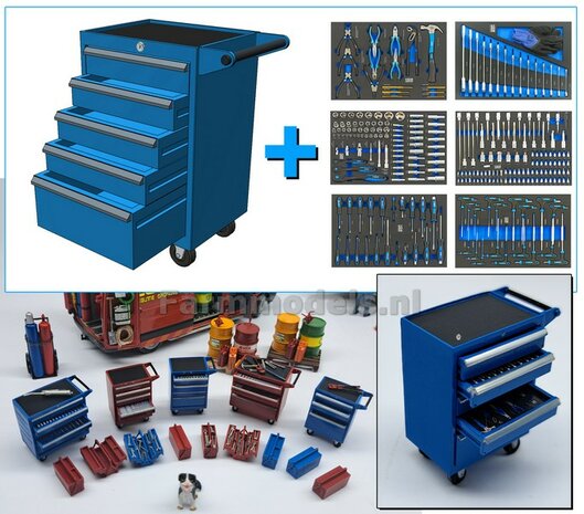 Tool trolley BLUE with 5 separate drawers, hand-painted NARROW VERSION supplied incl. 6 separate tool sticker sheets 1:32 820144