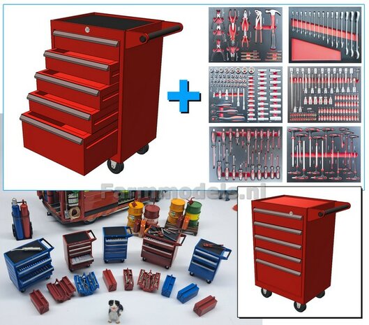 Tool trolley RED with 5 separate drawers, hand-painted NARROW VERSION supplied incl. 6 separate tool sticker sheets 1:32 820156