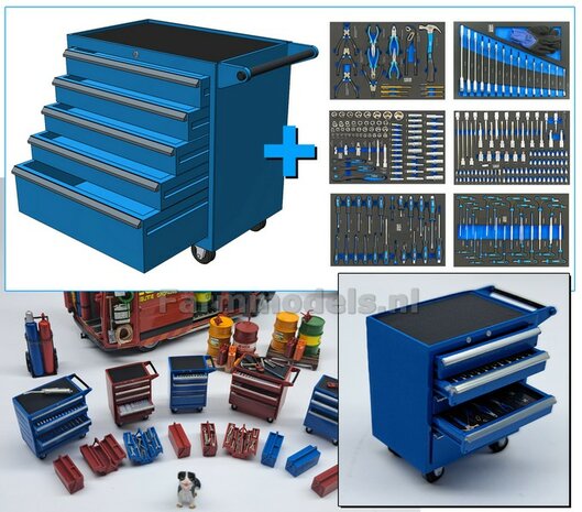 Tool trolley BLUE with 5 separate drawers, hand-painted WIDE VERSION supplied incl. 6 separate tool sticker sheets 1:32 820174