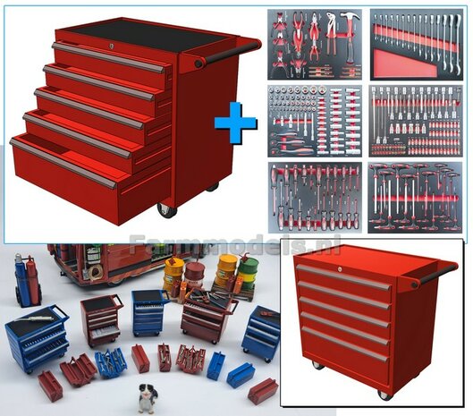Tool trolley RED with 5 separate drawers, hand-painted WIDE VERSION supplied incl. 6 separate tool sticker sheets 1:32 820186
