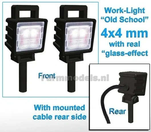2x Work lights SQUARE 4x4 mm, 3D OLD School Glass effect WITH Cable, mounting pin BOTTOM, WITH handle 1:32 462646