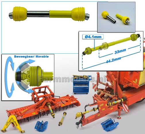 Movable PTO Length in: 33mm L. out: 44.2mm Tube Ø4.1mm YELLOW with 2x connecting forks WITHOUT Sticker set 1:32 233232