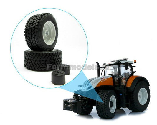 Lawn/Transport/Nokian (front axle) tires + Diecast rims Steyr gray painted + final drive Ø 48.6 mm 1:32 Universal set 34737/S+b