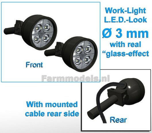 2x Work lights ROUND Ø3 mm, 3D LED look Glass effect WITH Cable, mounting pin BACK (Without handle) 1:32 462362