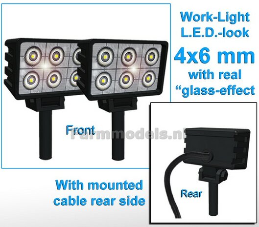 2x Work lights RECTANGLE 4x6 mm, 3D LED look Glass effect WITH Cable, mounting pin BOTTOM (Without handle) 1:32 462722