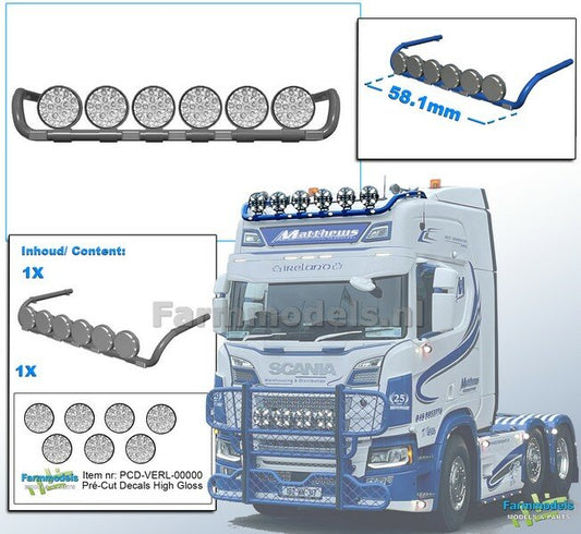 Lamp bracket Scania with 6 lamps RESIN, delivered BLANK incl. 7x Spotlight Pré-Cut Decals with HIGH GLOSS effect 1:32 468660